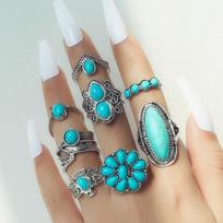 Naujas Bohemijos retro pelėdos plunksnos turkio spalvos 8 dalių kostiumo žiedas Madingas moteriškas žiedas