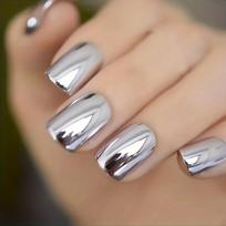 Shiny Punk Style Metallic Silvery Color Press On False Fake Nails Metal Plating Acrylic Short Square Reflective Mirror Silvery Nail Art Tips 24pcs Shiny Mirror