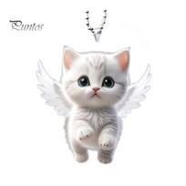 Angel Cat pakabukas galinio vaizdo veidrodžio ornamentas, automobilio puošmena mielas baltas kačiuko pakabukas su virvele, įnoringu žavesiu Cat