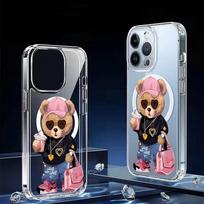 Cartoon Bear Magnetic Phone Case for iPhone 15/16/17 Pro Max - Transparent Full Coverage iPhone 13 Pro Max skaidri