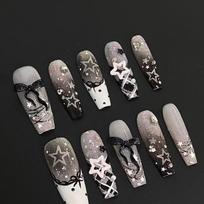 French Dark Aesthetic Lace Bow Knot Press-on Nails - Brightens Skin Tone, Cute & Stylish for Students and Spicy Girls XS [Includes Tool Kit] Tiny Hands gray