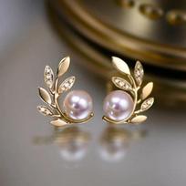 Polished Gold Olive Leaf Branch Inlaid Clear Zircon with Round High Luster Imitation Pearl Stud Earrings Daily Wedding Accessories