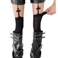 Women Gothic Garter Belt Stockings Velvets Elastic Waist Suspender Tights Crosses Design Strappy Thigh High Pantyhose juoda