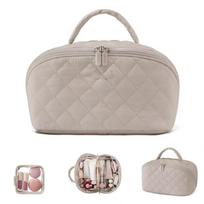 Durable Wide Open Woman Makeup Bag Lay-Flat Water-Resistant Cosmetic Case Festivalment Makeup Bags for Toiletries & Brushes chaki