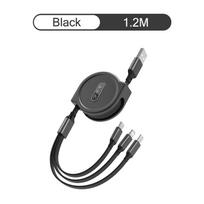 3 viename įkrovimo laidas Ištraukiamas USB įkrovimas 2.4A greitas įkrovimas, skirtas XiaoMi HuaWei Samsung nešiojamas įkrovimo kabelis Micro Type-C juoda