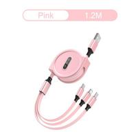 3 viename įkrovimo laidas Ištraukiamas USB įkrovimas 2.4A greitas įkrovimas, skirtas XiaoMi HuaWei Samsung nešiojamas įkrovimo kabelis Micro Type-C rožinė