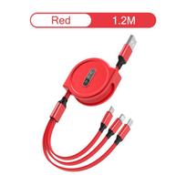 3 viename įkrovimo laidas Ištraukiamas USB įkrovimas 2.4A greitas įkrovimas, skirtas XiaoMi HuaWei Samsung nešiojamas įkrovimo kabelis Micro Type-C raudona