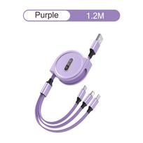 3 viename įkrovimo laidas Ištraukiamas USB įkrovimas 2.4A greitas įkrovimas, skirtas XiaoMi HuaWei Samsung nešiojamas įkrovimo kabelis Micro Type-C violetinė