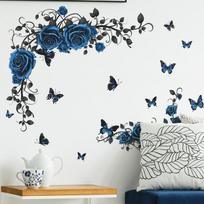 Romantiški mėlynų rožių gėlių sienų lipdukai Namų dekoras Drugelių dekoravimas Vinilinių freskų lipdukai 24*70CM*2pcs