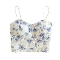 Women Sling Vest Sexy Embroidery Lace Back Floral Pattern Camisole with Padded Sling Sleeveless šviesiai mėlyna spalva