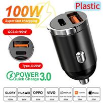 Mini 100W USB automobilinis įkroviklis PD automobilinis įkroviklis Greito įkrovimo automobilinis telefono įkroviklis (Plastic)PD+QC3.0 100W juoda