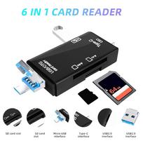 Mini USB Type C kortelių skaitytuvas 6 viename USB į SD TF atminties kortelių adapteris Smart Card skaitytuvas USB atmintinės kortelių skaitytuvas nešiojamojo kompiuterio priedai black
