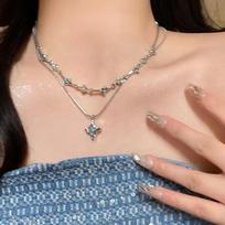 Double Layer Blue Four-Pointed Star Zircon Necklace Ins Style Light Luxury Clavicle Chain For Women Girlfriend Jewelry Gift
