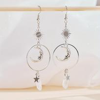 Fashionable Wind Moon Silver Star Irregular Natural White Pendant Earrings, Sparkling Jewelry for Parties, Exquisite Earrings for Gifts