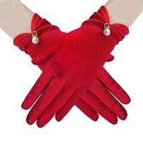 Women Sunscreen Anti-UV Elastic Thin Mittens Satin Pearl Pendant Short Gloves KTB raudona