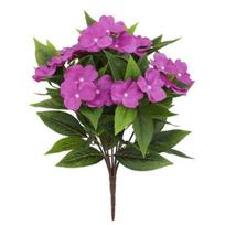 8 ryšeliai Dirbtinių Impatiens gėlių laukui, UV atsparios Faux Impatiens krūmeliai, Netikri šilkiniai krūmeliai su kuoliuku lauko priekinei daliai violetinė