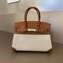 2024 35cm Top Layer Togo Leather Cowhide With Linen Canvas Platinum Bag Genuine Handbag Cross-body 25cm aukso rudos spalvos