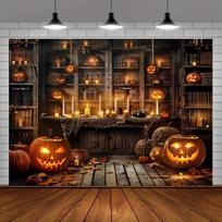 Eerie Halloween background: neon pumpkins, haunted candles and retro library decorations, perfect for parties 100x150cm