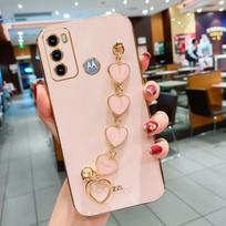 Plating Love Heart apyrankės dėklas, skirtas Motorola Moto G60 G20 G30 G50 4g 5g G22 E20 G10 G52 G8 G9 E7 Power Play Plus grandinės dangtelis Moto E7 Power rožinė/auksas