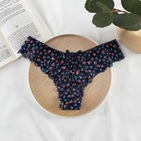 Sexy Flower Print Lace Thongs For Women Underpants Low Waist Panties Seamless Briefs Breathable Lingerie Female Underwear mėlyna