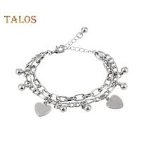 Women Bracelet Hollow Chain Heart Pendant Double-layered Lobster Clip Titanium Steel Bead Adjustable Length Electroplated Wrist Jewelry sidabras