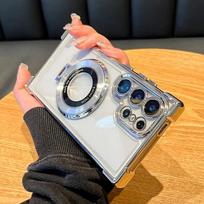 Magnetinis dengtas stovas laikiklis smūgiams atsparus skaidrus dėklas Samsung Galaxy S25 S24 Ultra S23 FE S22 S21 Plus akrilinis galinis dangtelis S24 sidabras