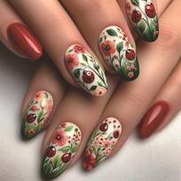 Flower Press on Nail Short Spring Nail False Nail with Floral Designs Stick on Nail Glossy Artificial Nail 24Pcs 1 black