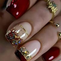 24PCS Autumn Red Short Square False Nail Tips Glitter Sequin French Press on Nails Full Cover Wearable Fake Nails Simple Designs
