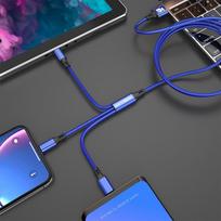KEYSION 3 in 1 USB laidas mobiliajam telefonui Mikro USB C tipo įkroviklio laidas skirtas iPhone greitam įkrovimui 1.2m mėlyna