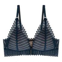 Nėriniai priekyje, bralette, moteriškas apatinis trikotažas Seksuali liemenėlė be nugarėlės be kaulų Push Up liemenėlė Trikampis plonas apatinis trikotažas 80A mėlyna
