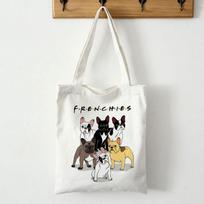 Frenchie prancūzų buldogų printas Daugkartinis pirkinių maišelis Drobė Moteriška peties rankinė Studentams Mokytojui Knygoms Kelionei Sandėliavimo krepšiai Pirkinių krepšys 24*26cm white