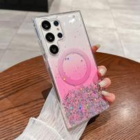 For Samsung Galaxy S24 S23 S22 Plus Ultra Bling Glitter Sequin Magsafe Magnetic Wireless Charging Phone Case Epoxy Soft Cover For S24 rožinė