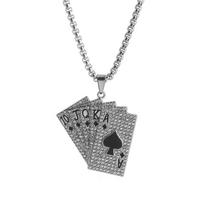 European & American Retro Hip-Hop Diamond Pendant Playing Card Sweater Chain Necklace for Men & Couples black
