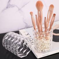 Makeup brush storage bucket diamond pattern pen holder light luxury desktop ornaments bedroom beige