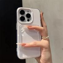 2in1 Card Holder Slot Wallet Photo Pocket Clear Candy Color Case For iPhone 17Air 16 15 14 13 12 11 16Pro Max TPU+PC Shockproof Cover For iPhone 15 balta
