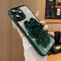 Prabangus triušio veidrodėlio telefono laikiklis, gradiento blizgučių dėklas iPhone 16 14 13 12 11 15 Pro Max 16 Plus, stovas, dangtelis su objektyvo plėvelėmis For iPhone 11