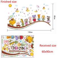 Cartoon Animal Cup Musical Note Wall Stickers Removable PVC Wall Decals for Kids Room Nursery Kindergarten Decor 60x90cm įvairiaspalvis