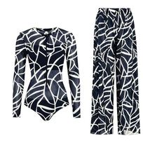 Long-sleeved Sunscreen Swimsuit Women's High Elastic Thickened Mesh Loose Trousers European and American Swimwear Fitness One-piece XXL black