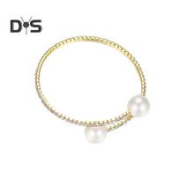 2Pcs/Set Women Elegant Jewelry Set Shiny Rhinestones Faux Pearls Adjustable Open Collar Necklace Bangle Set auksinė