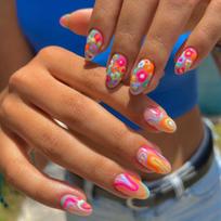 24pcs Color Flower Press On Nails, Short Almond Fake Nails With Color Swirl Design, Glossy Full Cover Stylish False Nails For Women And Girls SN011