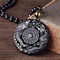Natūralus juodas obsidianas rankomis raižytas kinų drakono fenikso paukščio amuletas bagua karoliai moterims vyrams, sėkmės talismanas amuleto pakabukas 1pcs
