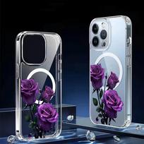 Purple Flower Magnetic Clear Case for iPhone 15/16/17 Pro Max - Full Coverage Protection iPhone 16 Pro Max skaidri