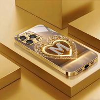 Blizgančio širdies raidės M rašto metalo dažų stiklinis telefono dėklas, skirtas iPhone 17 16 15 14 13 12 11 Pro Max Plus 17 Air 16E iPhone 13 Pro
