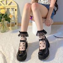 Moteriškos Lolita permatomos tinklelio kojinės iki blauzdų, saldžios, su raukiniais, nėrinių apdaila, kaspinėliu, mielu meilės širdelės raštu, anime princesės pėdkelnės One Size juoda