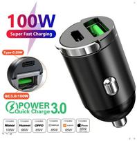 200W Kompaktiškas Automobilinis Įkroviklis USB Greito Įkrovimo Adapteris Dvigubas Prievadas Mini Telefono Įkroviklis 100W PD+QC juoda