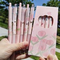 6 vnt rožinės spalvos tulpių gelio rašiklis 0,5 mm juodo rašalo Kawaii rašiklio rinkinys Mokykliniai reikmenys Estetinės raštinės reikmenys Elegantiški rašikliai