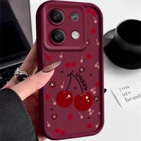 Vyšnių rašto TPU minkštas vienspalvis dėklas Xiaomi 14T 13T Poco F6 Pro X6 X5 Redmi 13C Note 13 12 Pro 11 atsparus smūgiams, su objektyvo apsauga, matinis telefono dangtelis Redmi Note 13 4G vyno raudonos spalvos