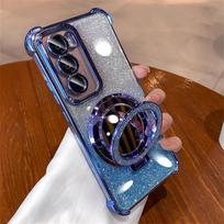 Blizgantis veidrodinis dėklas-stovas Samsung S25 FE S24 Ultra S23 S22 Plus A17 A07 A56 A36 A53 A55 A16 A15 prabangus viršelis for A25 5G mėlyna