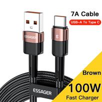 „Essager 7A Type C“ USB kabelio laidas, skirtas „Realme Oneplus OPPO 100 W“ greito įkrovimo USB tipo C laidui, skirtas „Huawei P30 P40 Pro Samsung“ 2m ruda