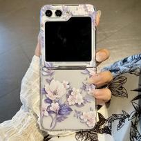 „Samsung Galaxy Z Flip5 Flip4 Flip3“ smūgiams atsparus gėlių lapų rašto skaidrus telefono korpusas, kietas, sulankstomas kompiuterio dėklas Samsung Z Flip5 violetinė